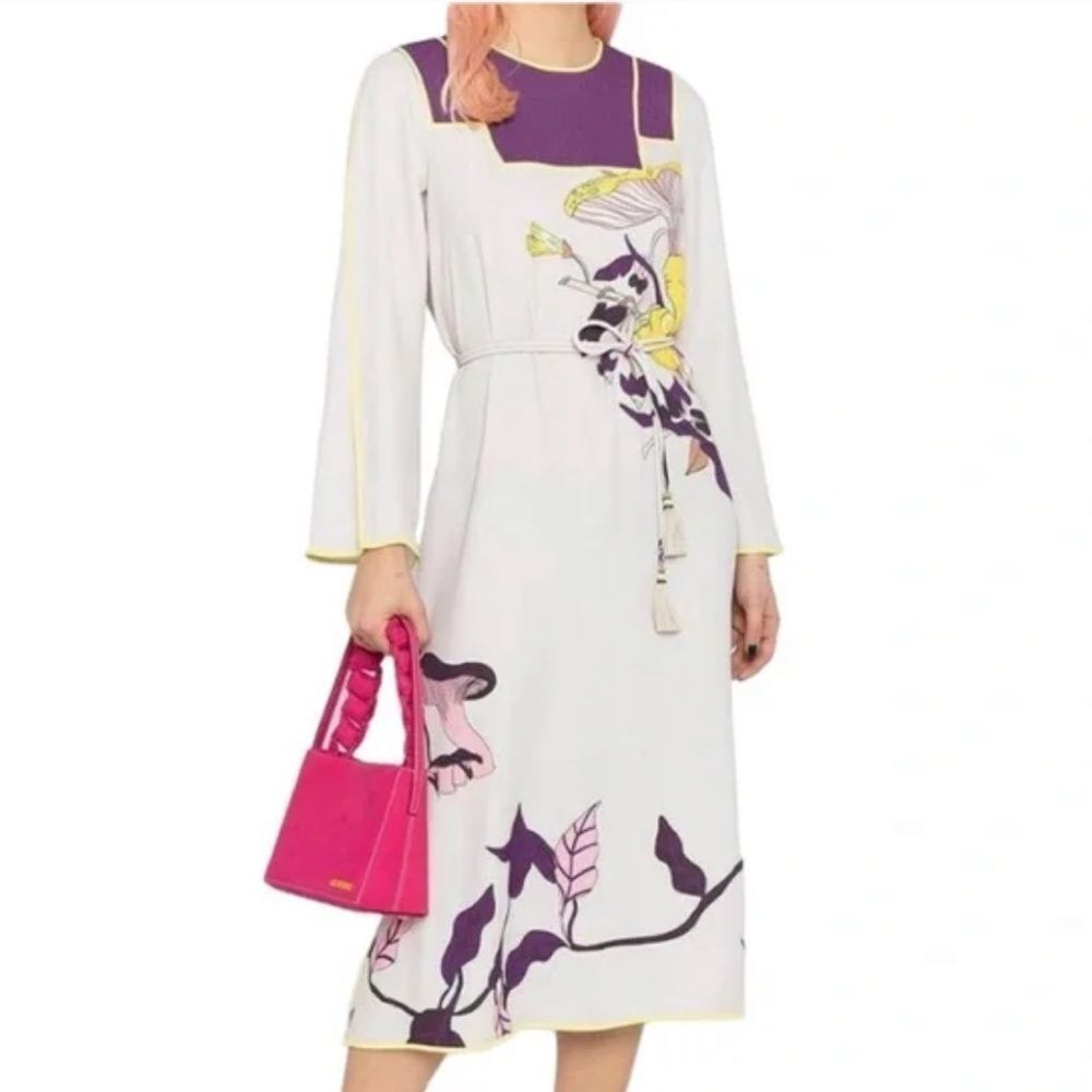 Tory burch mushroom Party Trapunto Floral Print Retro Glam Dress Tassel Belt 4 - Picture 1 of 16
